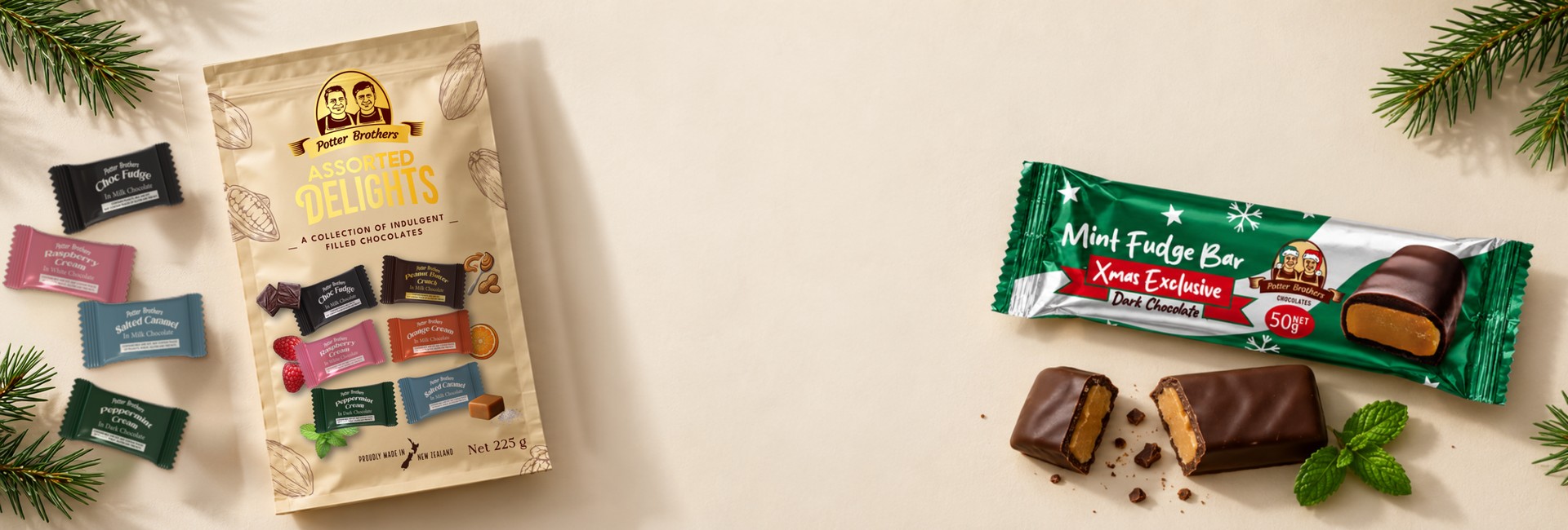 Potter Brothers Assorted Delights filled chocolates and the Xmas Exclusive Mint Fudge Bar in dark chocolate